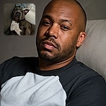 A relaxed dog lounging sideways between a couch and a fluffy pillow, giving the camera a sleepy, slightly unimpressed look as if caught mid-nap.