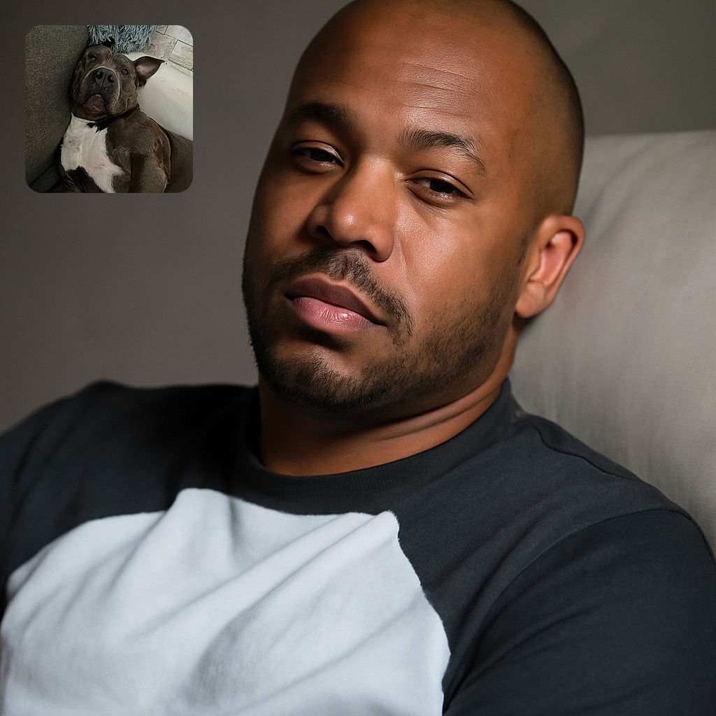 A relaxed dog lounging sideways between a couch and a fluffy pillow, giving the camera a sleepy, slightly unimpressed look as if caught mid-nap.