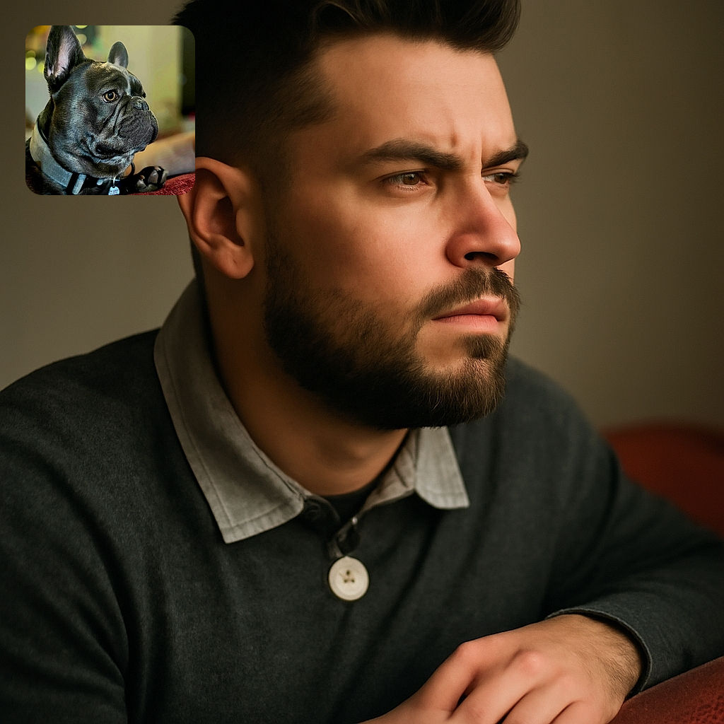 A close-up portrait of a thoughtful French Bulldog with a collar and tag, resting its paw on a red textured surface, with a softly blurred colorful background creating a cozy atmosphere.