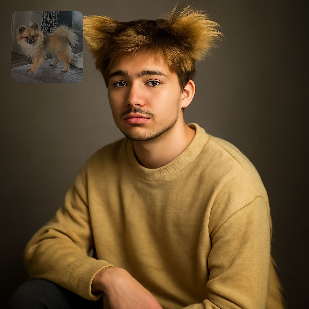 A fluffy small dog with a luxurious mane stands confidently on a cushioned surface, looking curiously at the camera. The background features a patterned wall and soft lighting, giving a cozy indoor vibe.