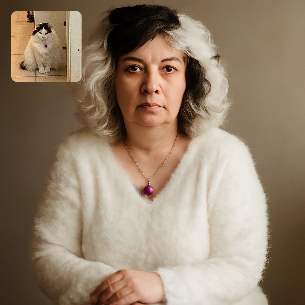 A fluffy white cat with striking black markings on its head sits patiently on a tiled floor near a doorway, looking slightly regal but also a bit unimpressed by the camera's attention.