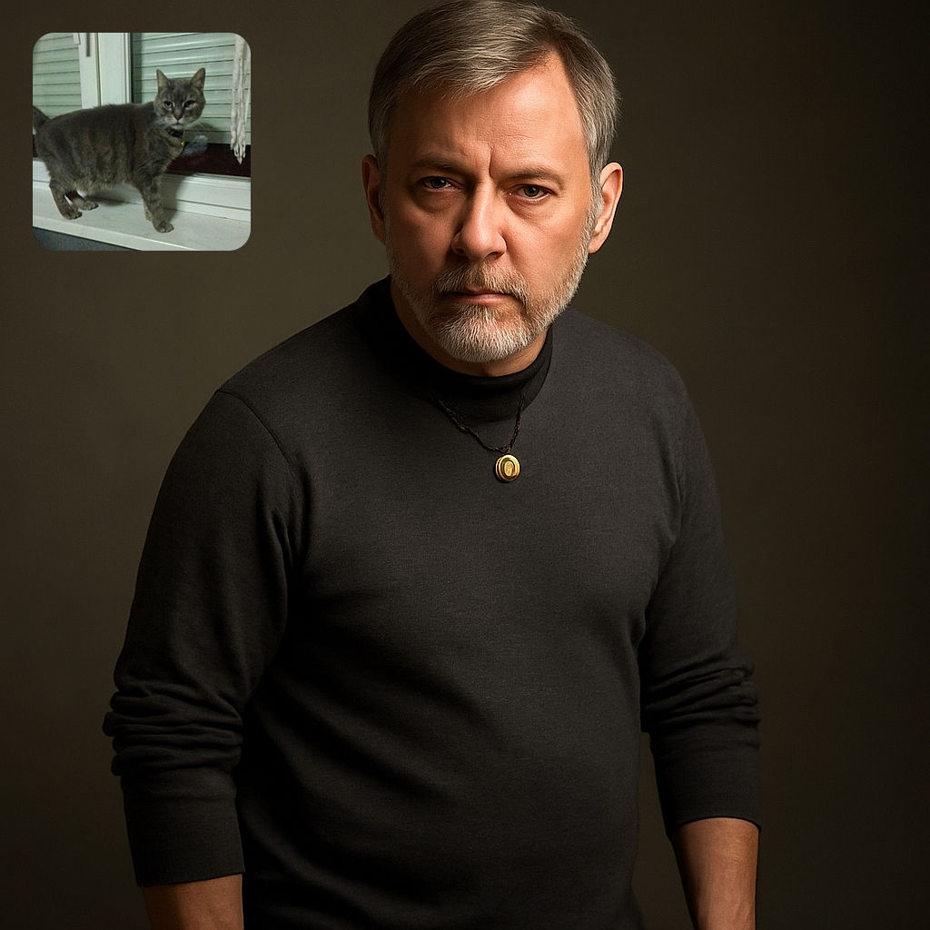 A slightly blurry photo of a gray tabby cat standing on a windowsill in front of closed blinds, looking curiously at the camera with a collar around its neck.
