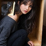 A curious gray cat with big, bright eyes is perched inside a wooden box, looking intently at the camera as if caught mid-adventure in its cozy hideout.