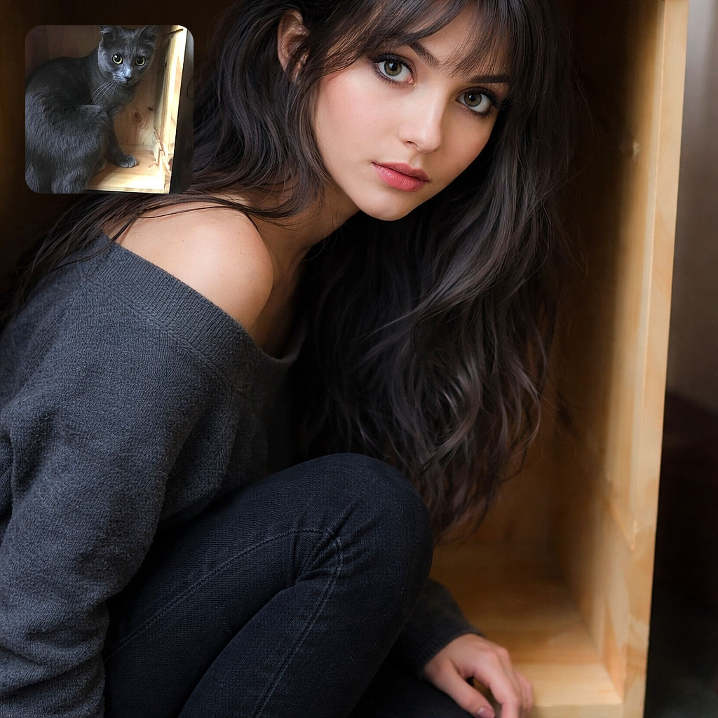A curious gray cat with big, bright eyes is perched inside a wooden box, looking intently at the camera as if caught mid-adventure in its cozy hideout.