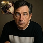 A close-up photo of a black and white dog with big, expressive eyes looking curiously at the camera. The background is a cozy indoor setting with warm lighting and some household items slightly blurred.