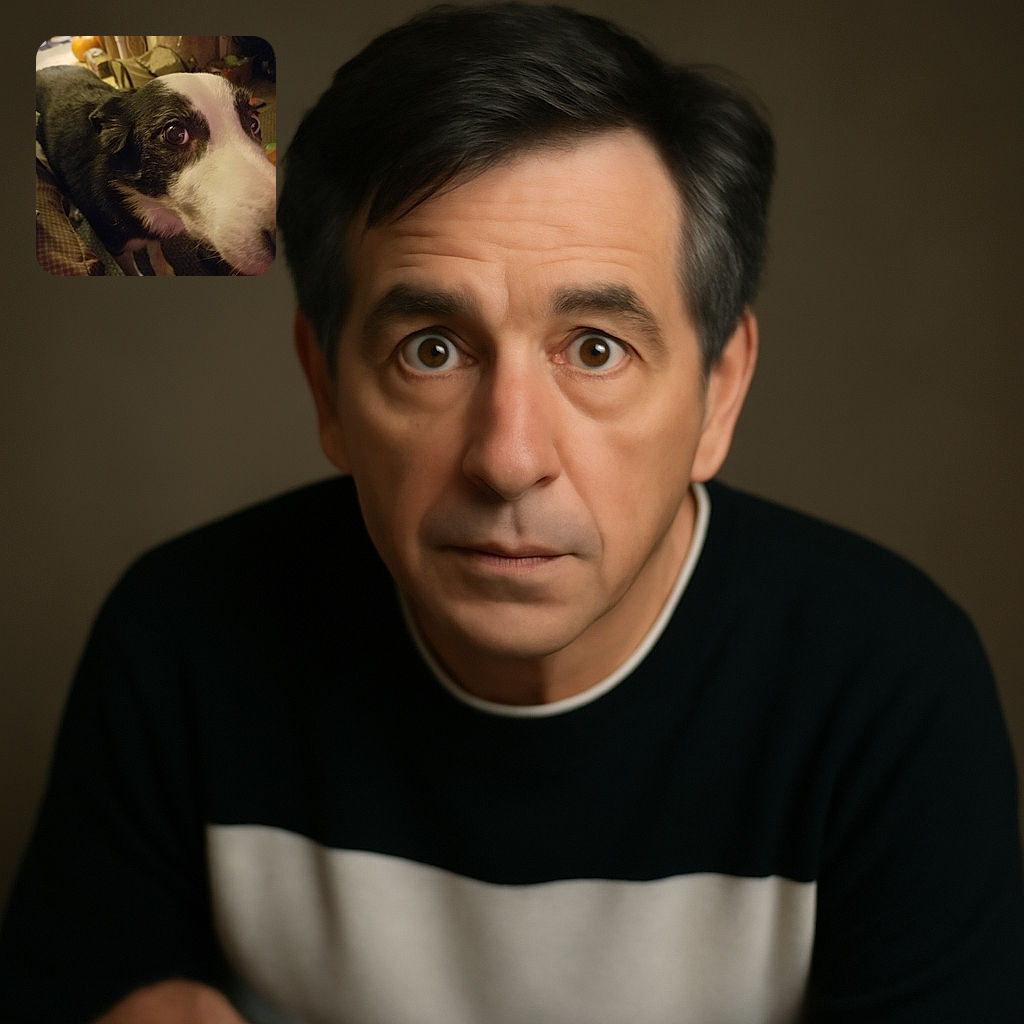 A close-up photo of a black and white dog with big, expressive eyes looking curiously at the camera. The background is a cozy indoor setting with warm lighting and some household items slightly blurred.