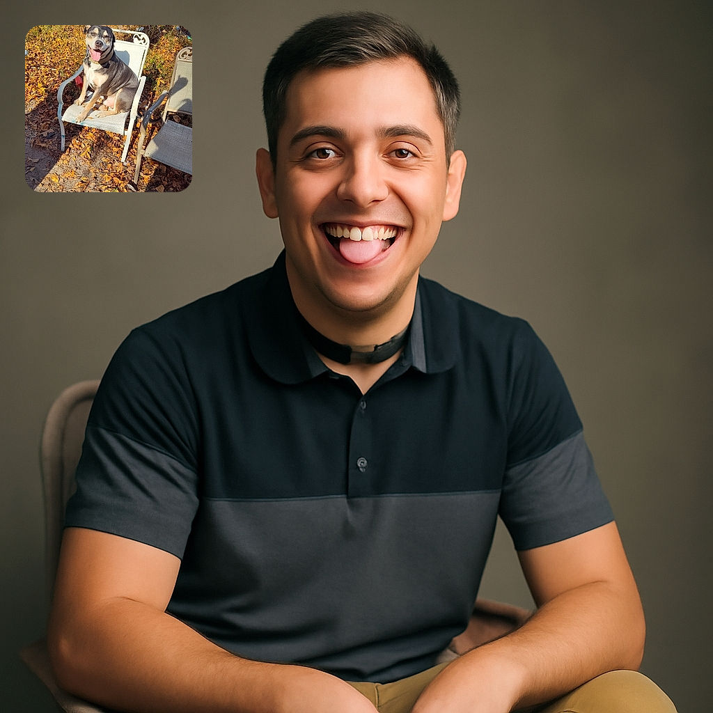 A cheerful dog is comfortably sitting on a white metal chair amidst a yard covered in autumn leaves, with an old red car and scattered outdoor furniture in the background. The dog looks like it's smiling for the camera on a sunny day.