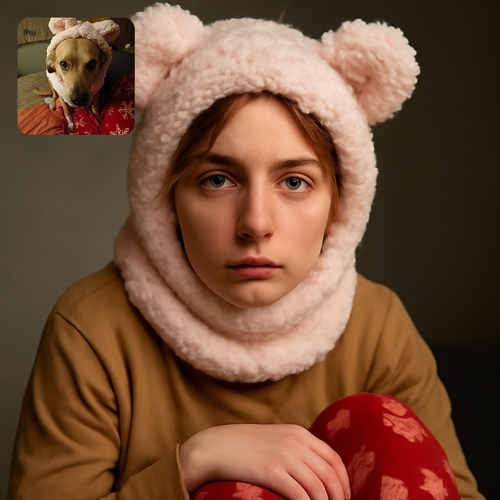 A dog wearing a fluffy pink hat with bear ears looks up with big, soulful eyes, sitting on a cozy bed with red snowflake-patterned blankets, radiating a mix of confusion and cuteness.