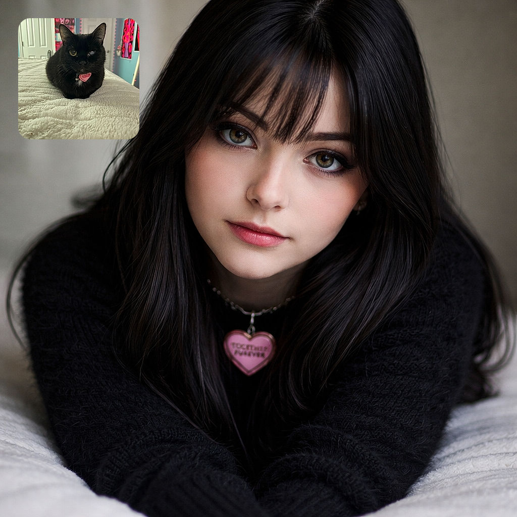 A charming black cat with heterochromia (one yellow eye and one blue eye) is cozily perched on a fluffy white blanket. The cat wears a pink heart-shaped tag that says 'Together Furever'. The background shows a colorful room with posters and string lights, adding a cozy vibe to the scene.