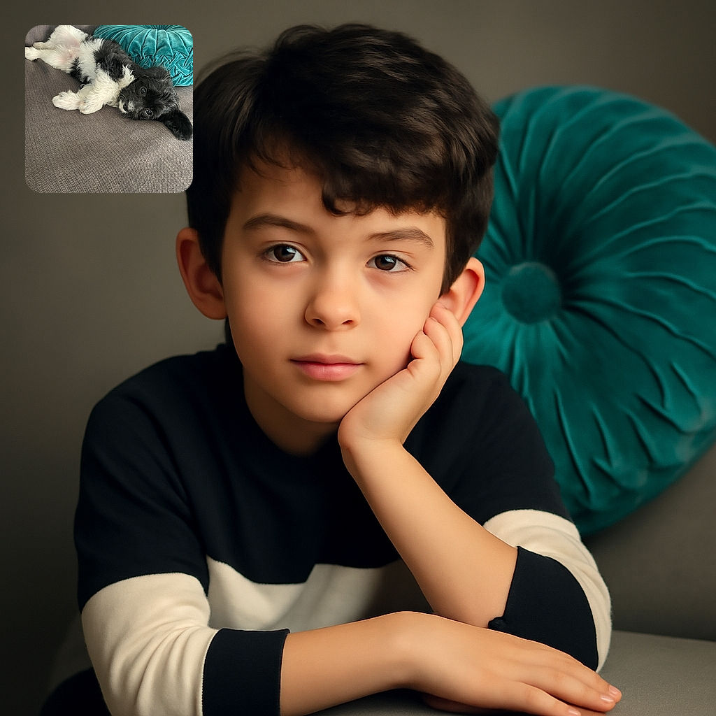 A fluffy black and white puppy lounges adorably on a textured gray couch next to a plush turquoise decorative pillow, looking up with big, soulful eyes that melt hearts instantly.