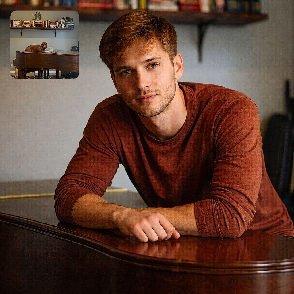 A brown dog is perched on top of a grand piano in a cozy room filled with books and a medieval helmet on a shelf, creating a quirky and charming scene that blends music, literature, and a touch of medieval whimsy.
