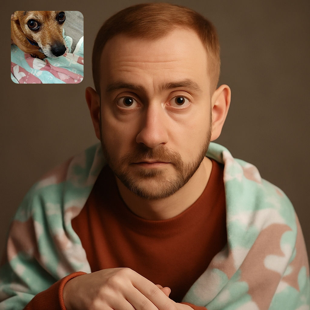 A close-up photo of a small dog with big, expressive eyes looking up with an innocent and slightly worried expression. The dog is sitting on a colorful blanket with pastel shades of pink, blue, and white, featuring heart and leaf patterns. The background includes a wooden floor, adding a cozy indoor vibe.