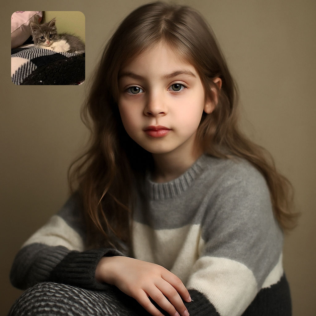 A fluffy gray and white kitten with big curious eyes is cozily nestled on a soft blanket with a pillow in the background, looking like it just woke up from a comfy nap.