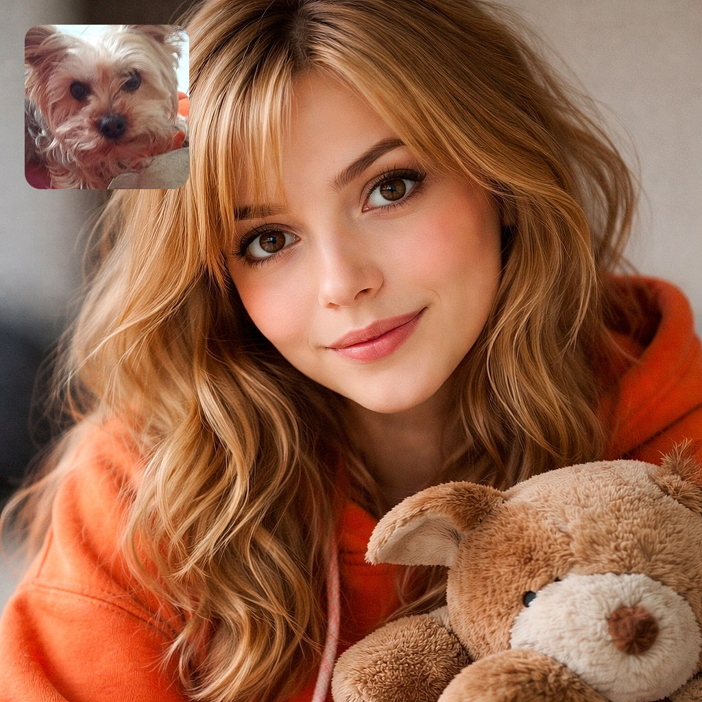 A fluffy Yorkshire terrier steals the frame in an adorable close-up — big soulful eyes, a tiny wet nose, and one ear on high alert while cuddling a well-loved plush. The tiled floor peeks out in the background and an orange blanket adds cozy color; the image is a little soft but overflowing with puppy charm.