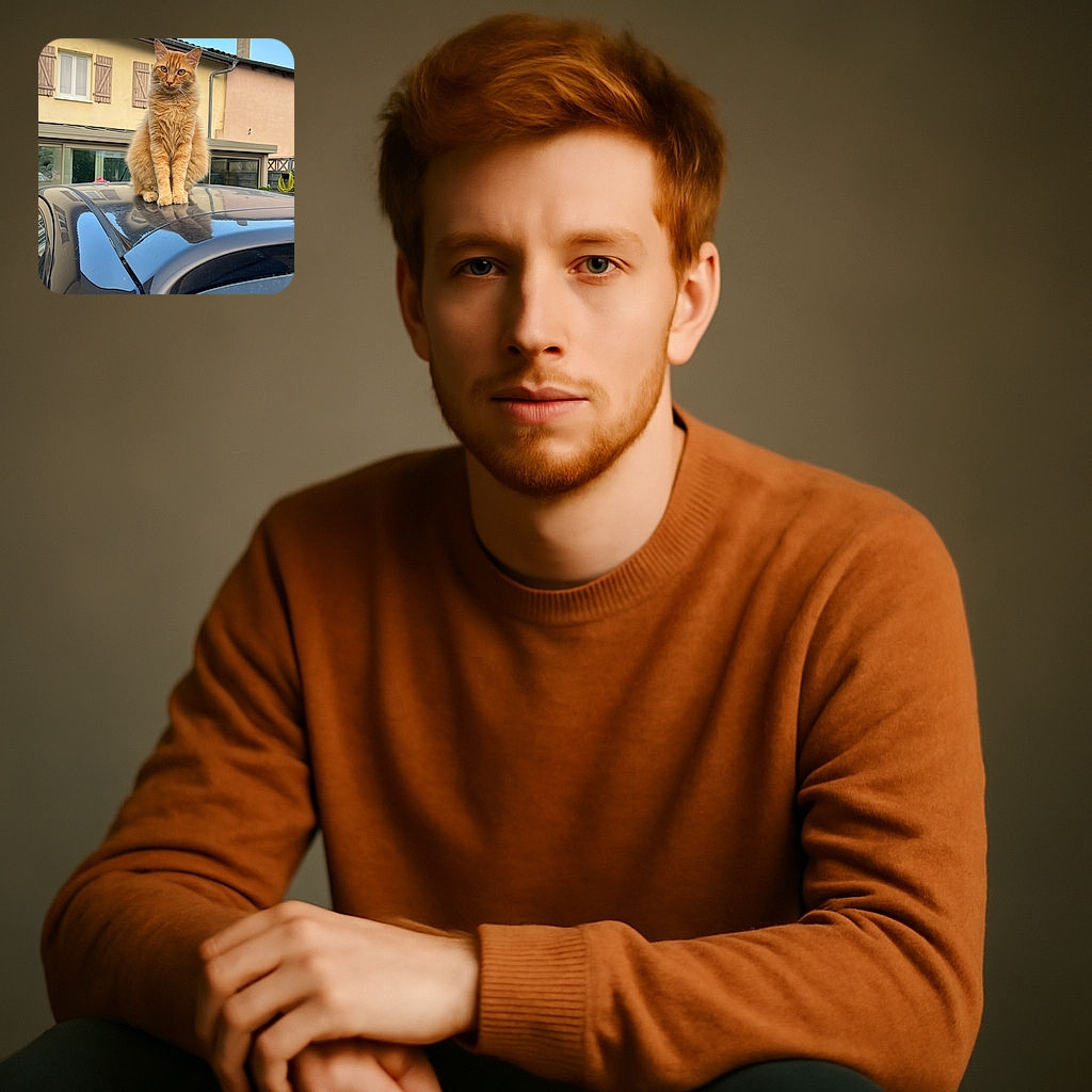 A fluffy orange cat sits majestically on the shiny roof of a black car, gazing intently at the camera with a backdrop of pastel-colored houses and a clear blue sky. The cat's reflection adds a charming touch to the scene.