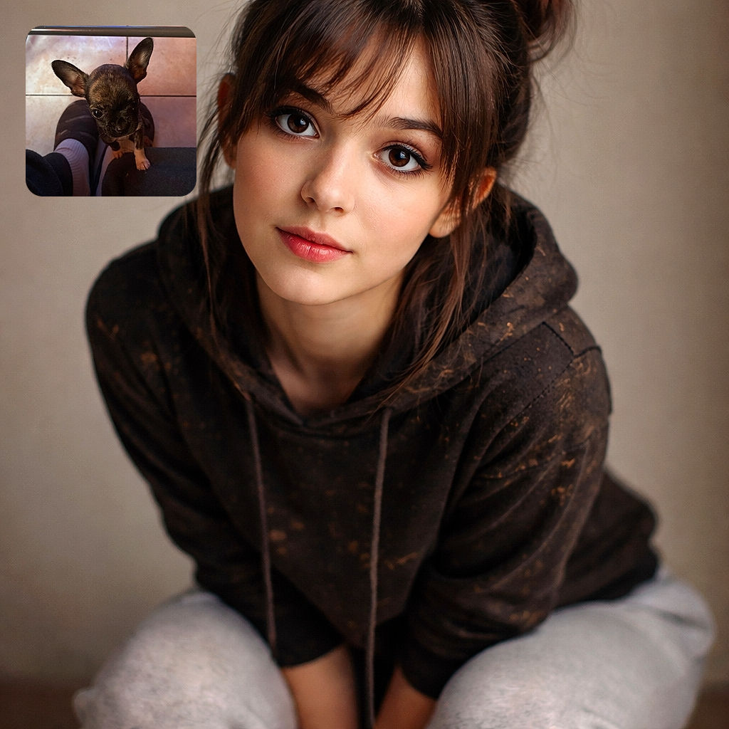 A tiny, curious puppy with large ears is looking up from between someone's legs, standing on a tiled floor with slippers and socks visible. The lighting is warm but a bit dim, giving a cozy indoor vibe.