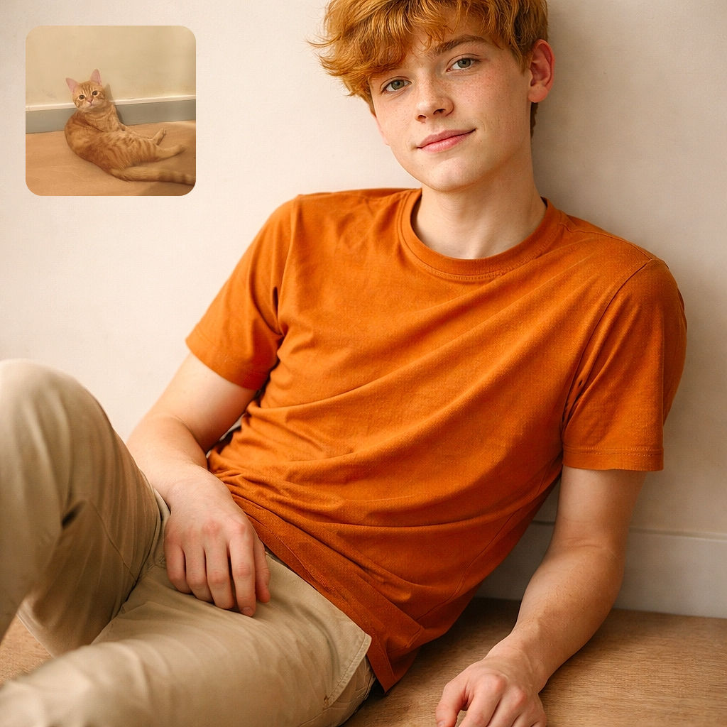 An orange tabby giving an accusing yet adorable stare while lounging against the skirting board — slightly soft focus makes it look like a cozy spy caught mid-relaxation.