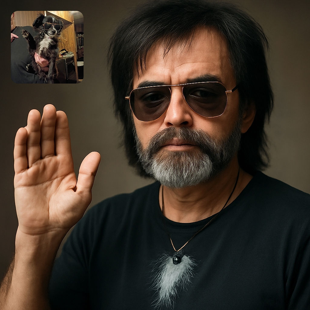 A small black and white dog sporting cool aviator sunglasses is being held up by a person in a cozy wood-paneled room, looking like the ultimate canine celebrity ready to rock the house.