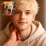 A close-up shot of a fluffy cream-colored dog with soulful eyes being gently held by a hand, bathed in warm sunlight against a wooden and tiled background, capturing a tender moment of affection.