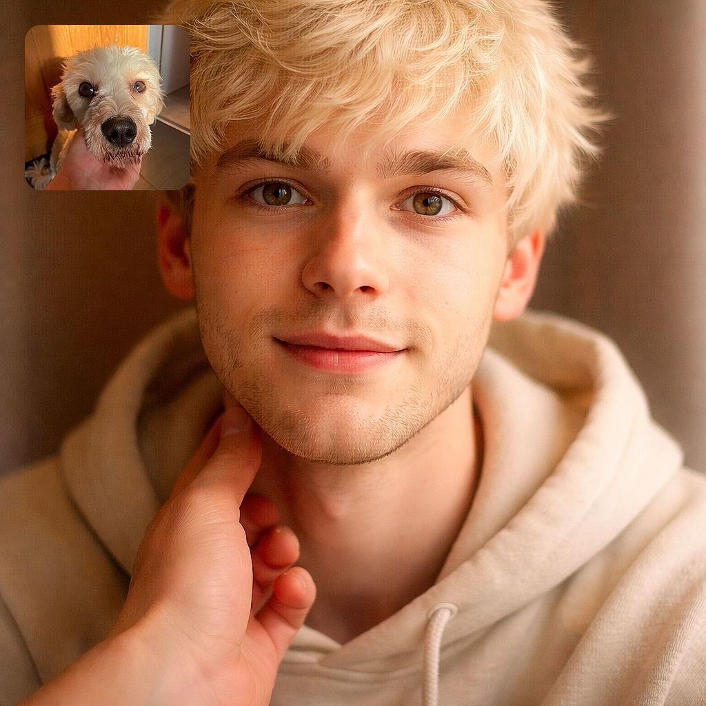 A close-up shot of a fluffy cream-colored dog with soulful eyes being gently held by a hand, bathed in warm sunlight against a wooden and tiled background, capturing a tender moment of affection.