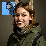 A majestic husky dog wearing a cozy green jacket stands in fresh snow, tongue out and looking happy, with a trail of paw prints behind it and a wintery landscape in the background.