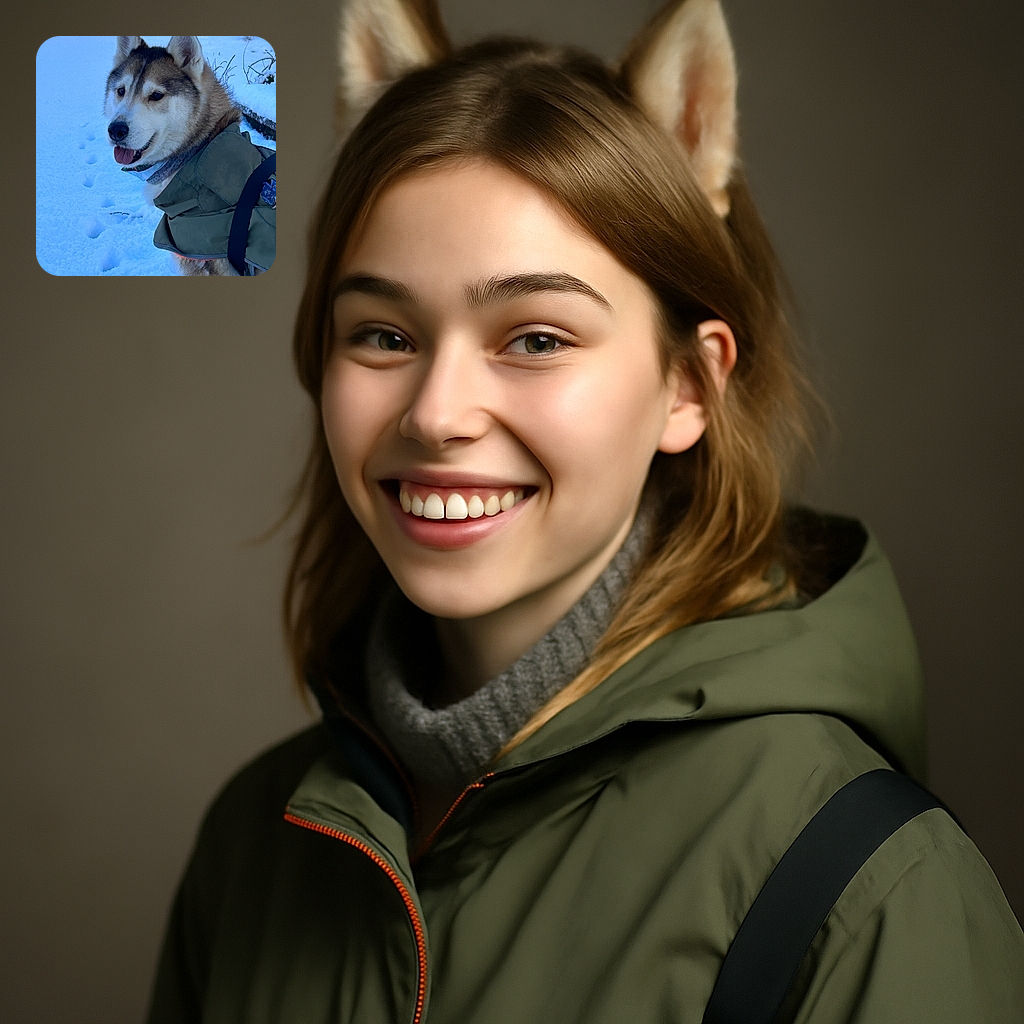 A majestic husky dog wearing a cozy green jacket stands in fresh snow, tongue out and looking happy, with a trail of paw prints behind it and a wintery landscape in the background.