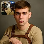 A cute tan dog with a harness looks back over its shoulder with big soulful eyes, sitting indoors in front of a blurred TV screen showing people in blue shirts. The cozy living room setting adds to the warm, candid moment.