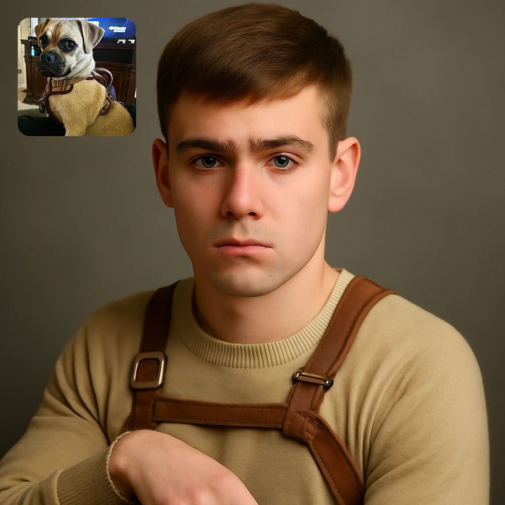 A cute tan dog with a harness looks back over its shoulder with big soulful eyes, sitting indoors in front of a blurred TV screen showing people in blue shirts. The cozy living room setting adds to the warm, candid moment.