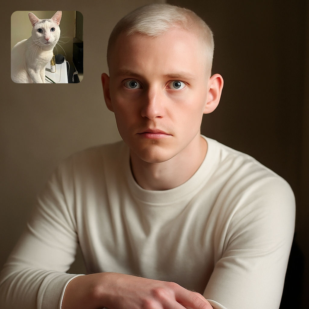 A charming white cat with striking blue eyes sits elegantly on a white surface, looking curiously at the camera. The background is simple and slightly blurred, highlighting the cat's soft fur and delicate whiskers. Nearby, a gold-capped item and a black spherical object add subtle detail to the scene.