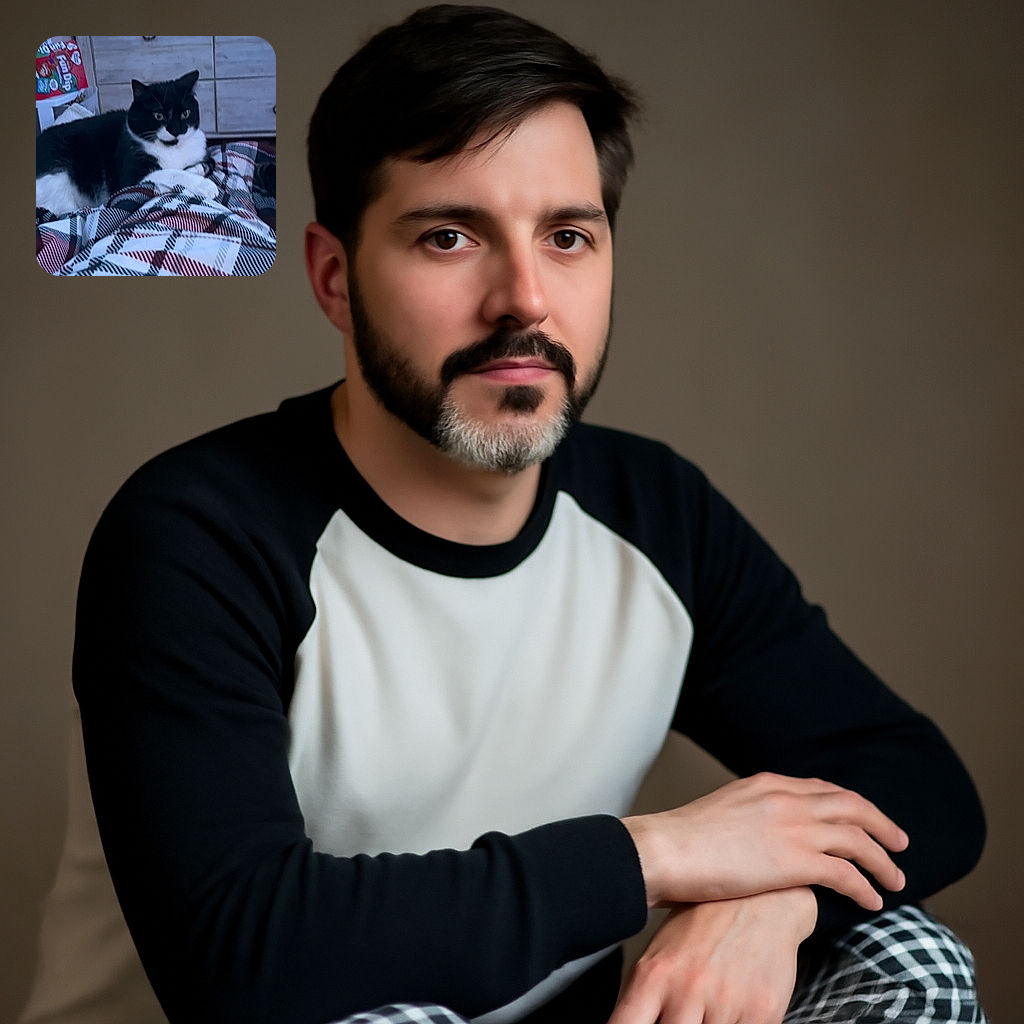 A cozy black and white cat lounges on a plaid blanket, looking intently at something off-camera. The background shows a wooden dresser and some colorful items, creating a warm indoor scene with a slightly soft focus.