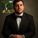 A dignified dog dressed in a tuxedo sits proudly on a stone slab, surrounded by lush greenery and a bright blue sky, looking like it's ready for a fancy evening event or a canine gala.