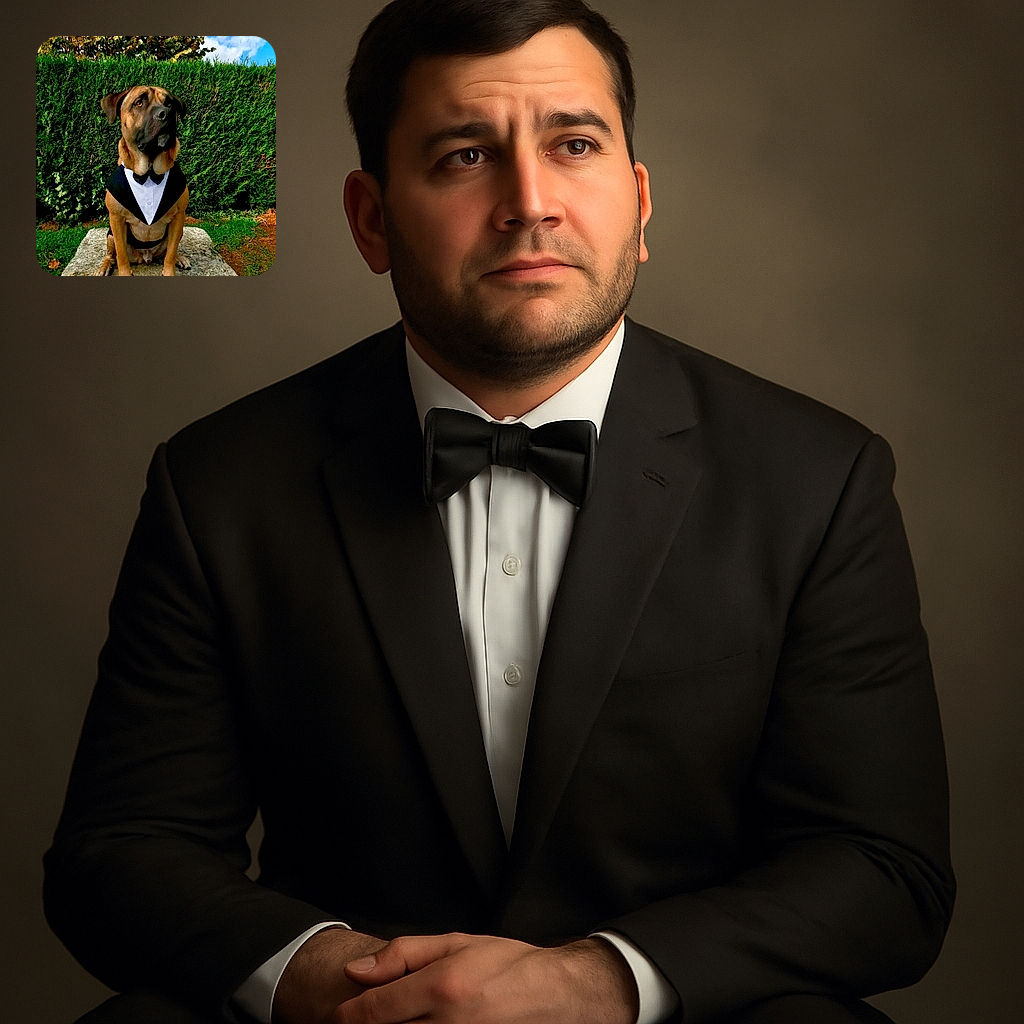 A dignified dog dressed in a tuxedo sits proudly on a stone slab, surrounded by lush greenery and a bright blue sky, looking like it's ready for a fancy evening event or a canine gala.