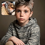 A wide-eyed gray tabby kitten is cozily nestled between a person's legs, looking straight at the camera with an innocent and curious expression, while the background shows a cozy living space with stools and pet bowls.