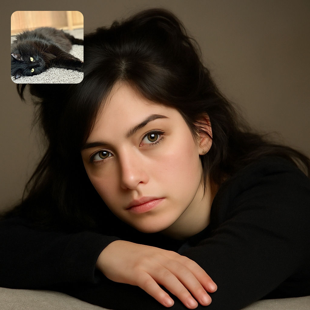 A fluffy black cat lounges on a textured carpet, its piercing yellow eyes staring directly at the camera with a mysterious and regal gaze. The soft focus background highlights the cat's sleek fur and relaxed posture, making it look like the ultimate nap champion.