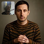 A tabby cat sits poised on a dark, plush perch by a window, backlit by bright daylight that casts its face in shadow, giving it a mysterious and slightly blurry silhouette effect.