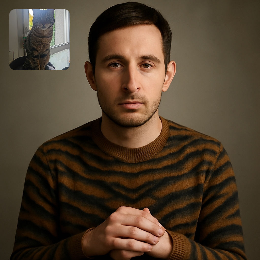 A tabby cat sits poised on a dark, plush perch by a window, backlit by bright daylight that casts its face in shadow, giving it a mysterious and slightly blurry silhouette effect.