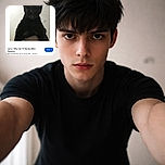 A blurry, low-resolution photo of a black cat with unusually large eyes and ears, looking down at the camera with a slightly distorted perspective. The image is presented as a screenshot of a mobile search result page, showing the cat named Larry from the Silly Cat TV Series Wiki.