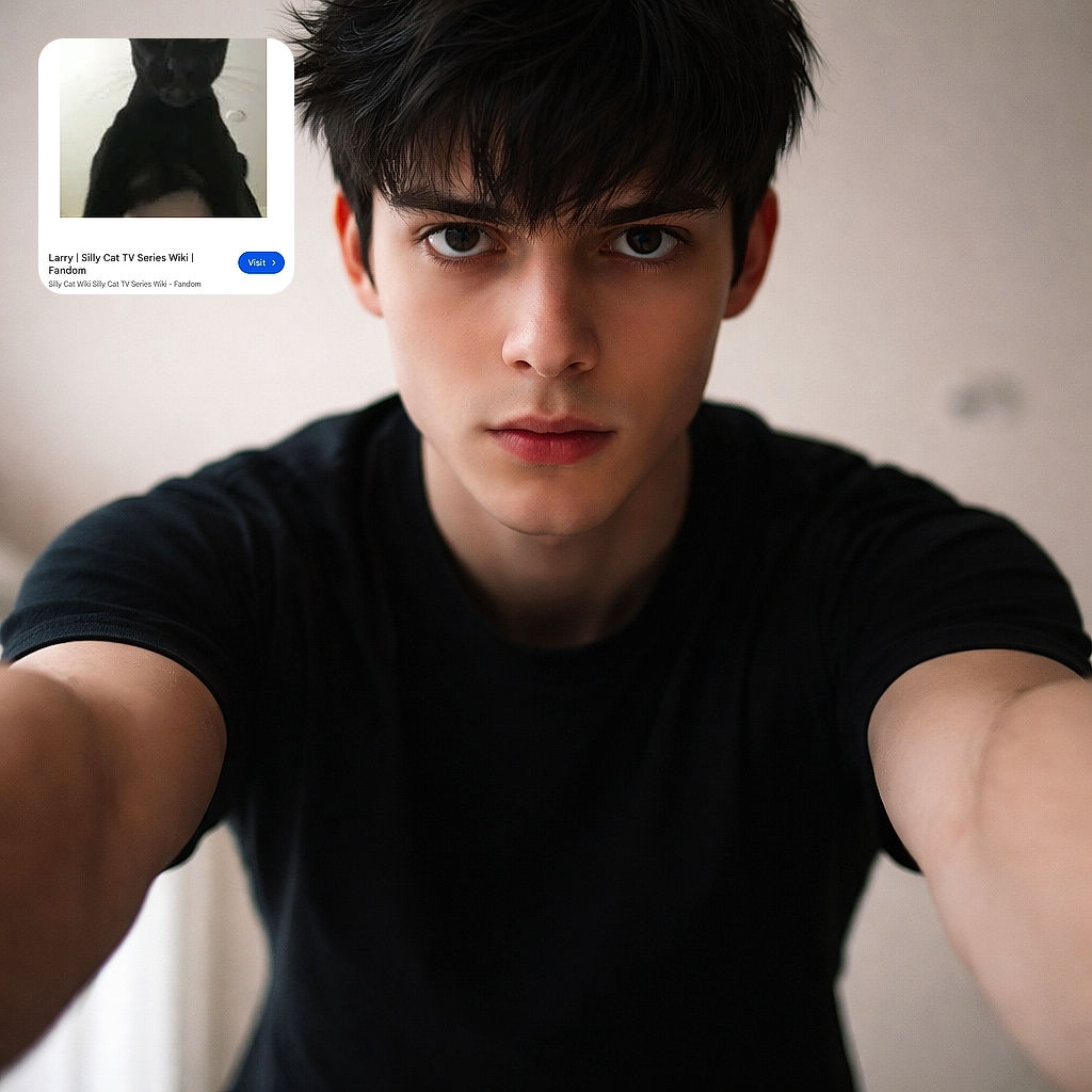 A blurry, low-resolution photo of a black cat with unusually large eyes and ears, looking down at the camera with a slightly distorted perspective. The image is presented as a screenshot of a mobile search result page, showing the cat named Larry from the Silly Cat TV Series Wiki.