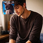 A grumpy black cat perched on a shelf, looking down like it owns the workshop — whiskers forward, ears alert, with a blue wall, bottles and tools cluttering the background. The shot is cozy and candid, slightly soft but full of character.
