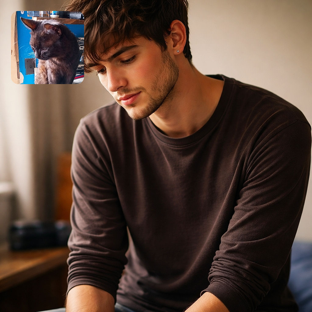 A grumpy black cat perched on a shelf, looking down like it owns the workshop — whiskers forward, ears alert, with a blue wall, bottles and tools cluttering the background. The shot is cozy and candid, slightly soft but full of character.