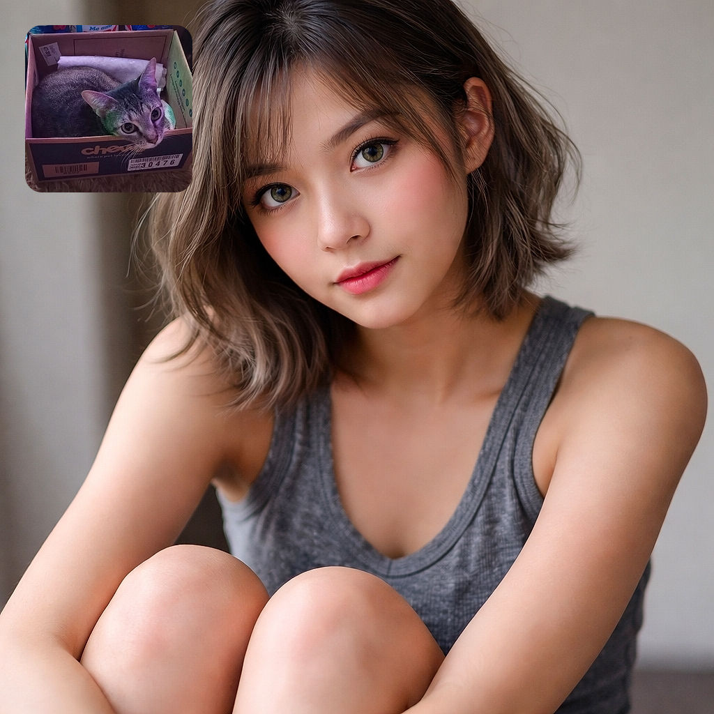 A wide-eyed tabby has perfected the ancient art of box occupation, peeking out of a Chewy carton like a tiny furry monarch while bottles and an art kit provide a colorful, cluttered throne room.