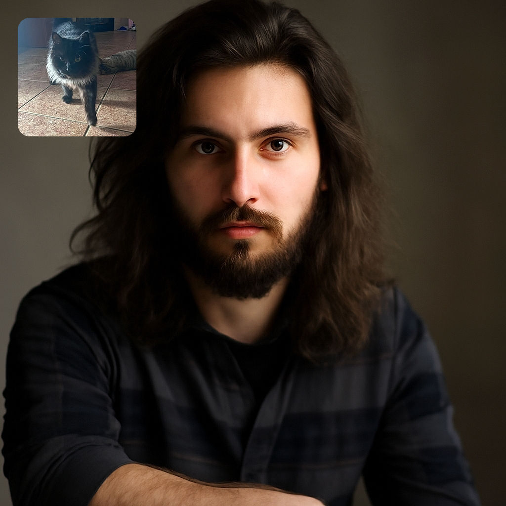 A fluffy black cat with a slightly blurred face is confidently striding toward the camera on a tiled floor, with another tabby cat lounging in the background near a laundry basket.
