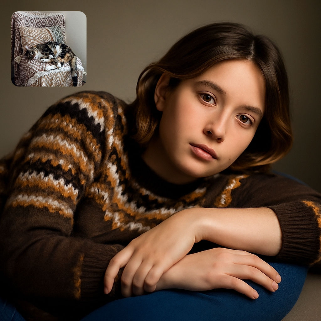 A cozy scene featuring a tabby cat lounging comfortably on a patterned armchair draped with matching throws and cushions, set against a plain wall with warm natural lighting highlighting the cat's relaxed pose.
