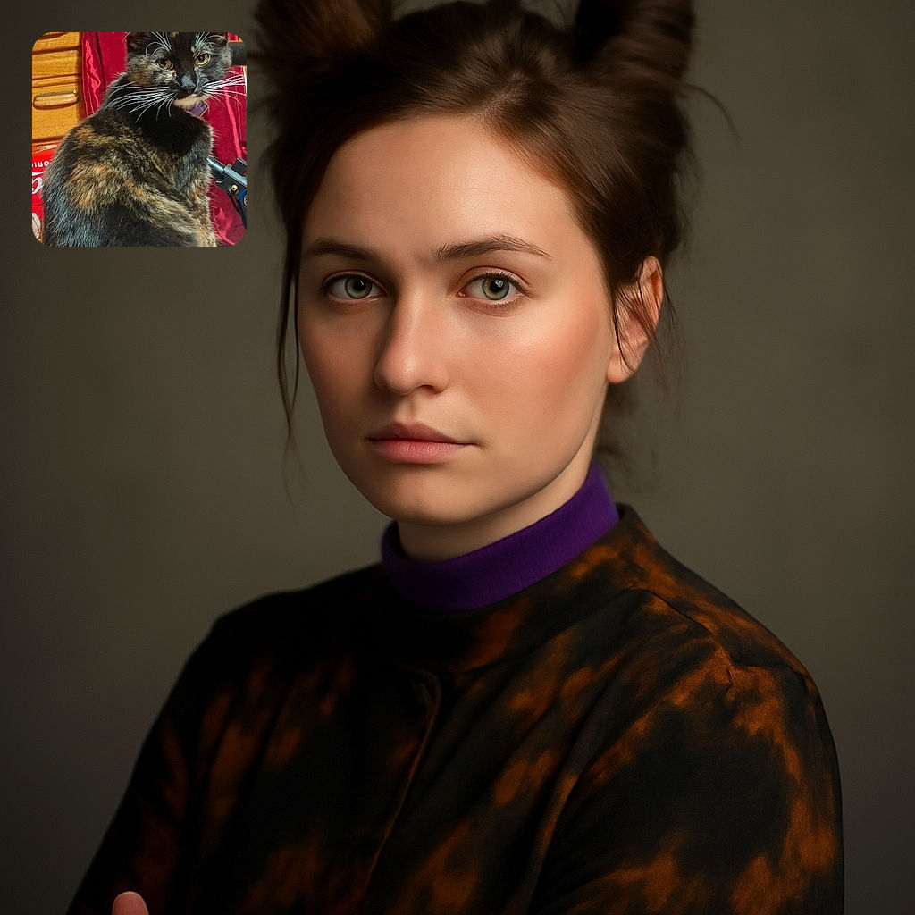 A fluffy tortoiseshell cat with striking white whiskers and paws sits gracefully, glancing back with a curious and slightly regal expression against a cozy indoor backdrop featuring wooden drawers and a red curtain.