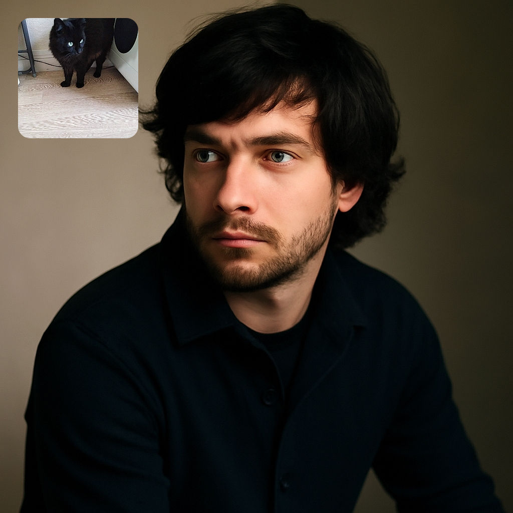 A fluffy black cat with bright green eyes stands alert on a light wooden floor next to a white piece of furniture and a metal chair leg, casting a soft shadow on the wall.