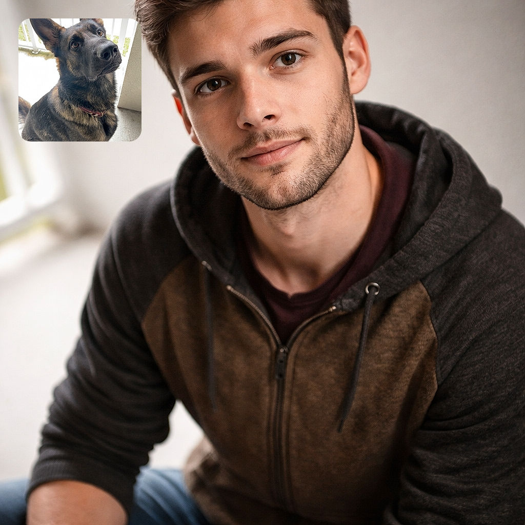 A lanky, earnest German Shepherd stares up with giant satellite-dish ears and a nose that could block out the sun — part supplicant, part supermodel. The pup is perched on a balcony, eyes full of hope (probably for a treat), fur brindled and glossy, and the whole scene reads like a polite beg in high definition.
