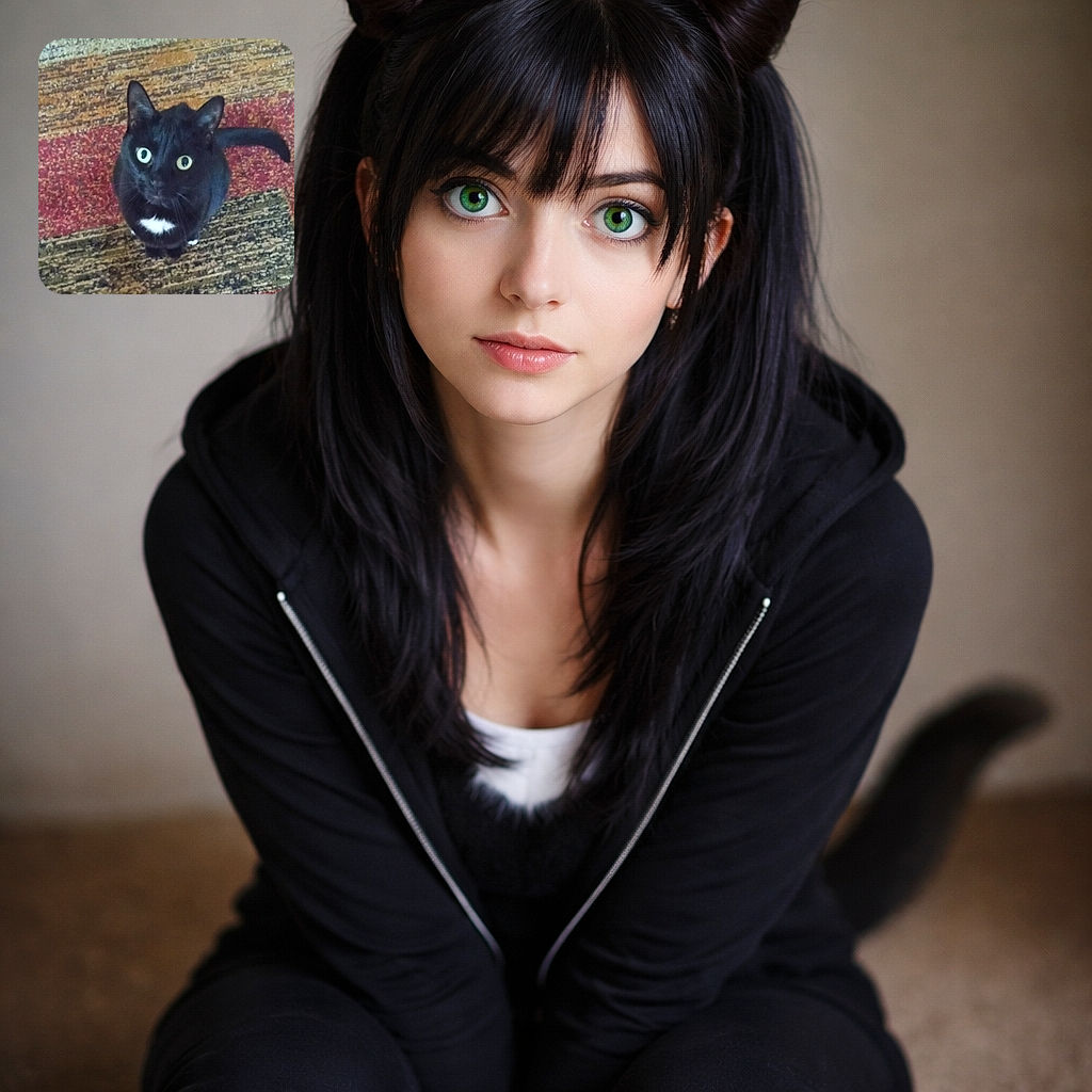 A curious black cat with bright green eyes and a small white patch on its chest looks up attentively while sitting on a multicolored textured carpet. The photo is slightly blurry but captures the cat's inquisitive expression well.