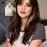 A close-up photo of a curious cat with white and tabby fur sitting on a bed, looking slightly amused or surprised. The background shows a cozy indoor setting with pillows and some household items blurred out, highlighting the cat's detailed face and expressive eyes.