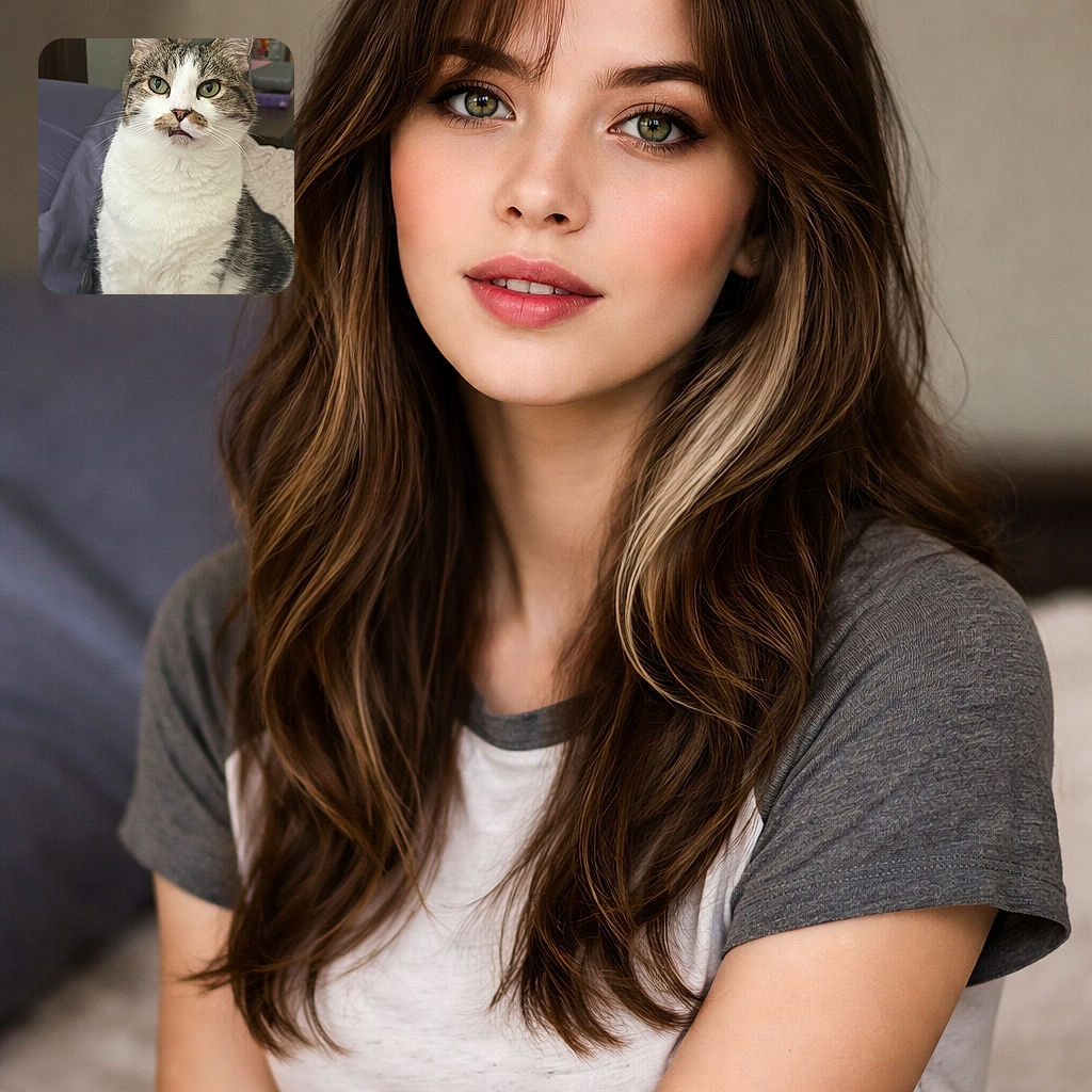 A close-up photo of a curious cat with white and tabby fur sitting on a bed, looking slightly amused or surprised. The background shows a cozy indoor setting with pillows and some household items blurred out, highlighting the cat's detailed face and expressive eyes.