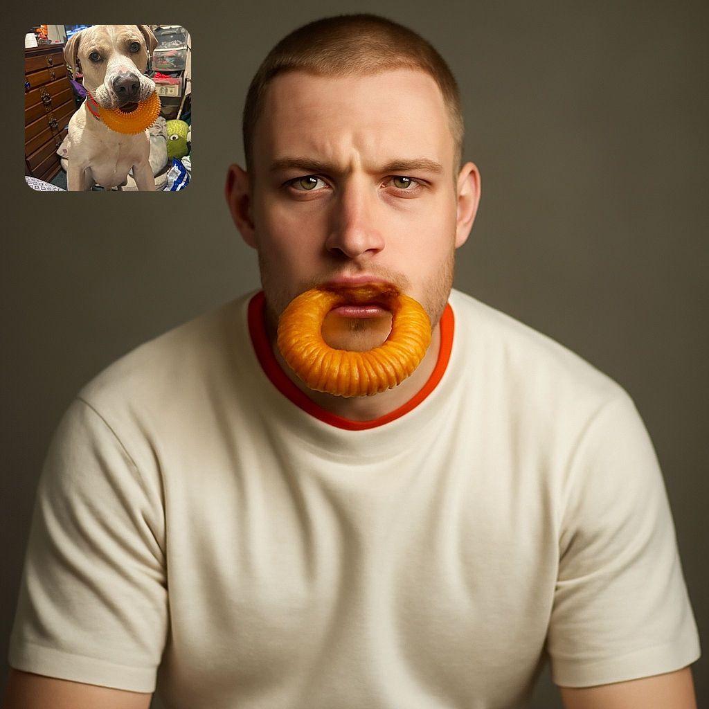 A charming dog with soulful eyes holds a bright orange spiky toy in its mouth, standing in a cozy, cluttered room filled with furniture and colorful objects, ready for playtime or a cuddle.